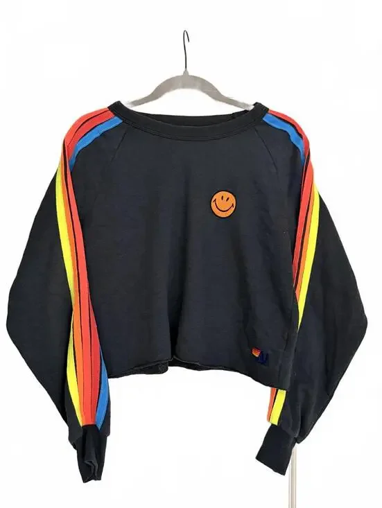 Aviator Nation Smiley Face Cropped Sweatshirt with Neon Stripes Small - Picture 2 of 5